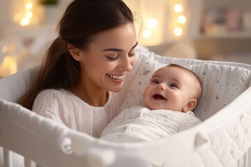 Woman gently putting her baby in a bedside crib, ensuring her child is safely settled for a peaceful sleep, Generative AI
