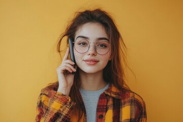 Young woman calling on the phone, isolated against a simple background, engaged in a conversation, Generative AI
