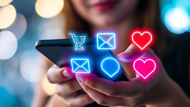 Glowing digital icons hover over a person holding a smartphone technology