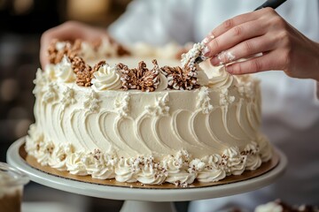 Baker decorating a delicious cake, carefully adding intricate details to make it visually stunning and mouthwatering, Generative AI