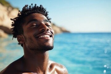 Handsome young African man enjoying the beach, smiling and relaxing in the sun while  the laid-back atmosphere, Generative AI