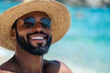 Handsome young African man enjoying the beach, smiling and relaxing in the sun while  the laid-back atmosphere, Generative AI