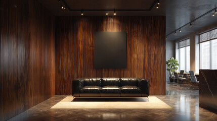 A masculine office reception with dark walnut wood paneling on the walls, a blank logo frame hangs behind a black leather sofa in the waiting area, banner mockup. 3d illustration.
