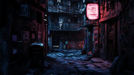 Dark urban alleyway neon signs