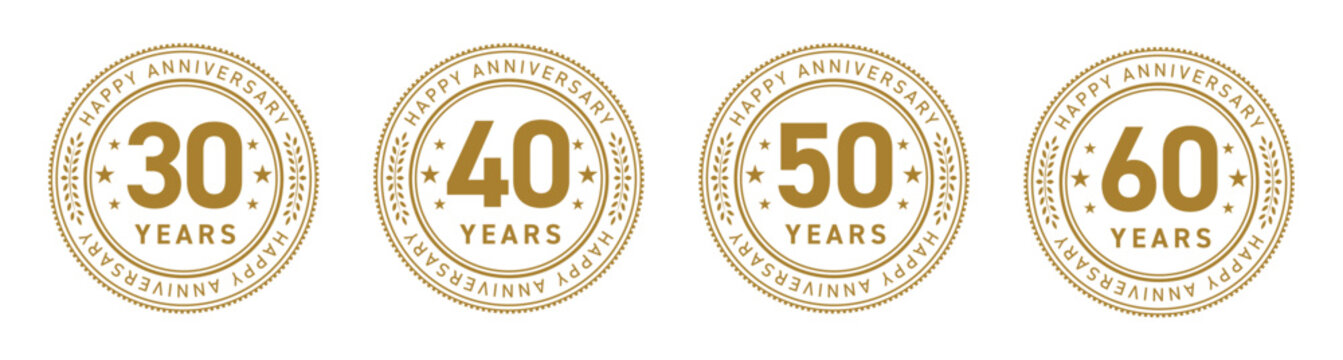 30周年・40周年・50周年・60周年のフラットなアニバーサリーメダルロゴセット（周年記念 ロゴマーク ベクター）

