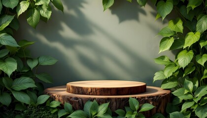 Rustic Wooden Product Display with Lush Greenery