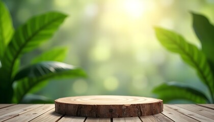 Sunny Wooden Surface for Product Display and Lush Green Leaves