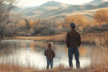 Father and son playing outdoors near a lake, bonding through shared activities and creating memories together in a natural setting, Generative AI