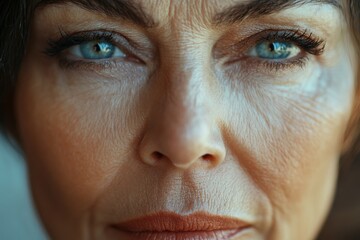 Mature womans face with wrinkled skin, capturing the wisdom and beauty that comes with age, showcasing life experience, Generative AI