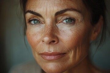 Mature womans face with wrinkled skin, capturing the wisdom and beauty that comes with age, showcasing life experience, Generative AI