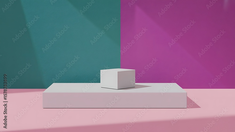 Poster minimalist studio display with geometric shapes and vibrant background image