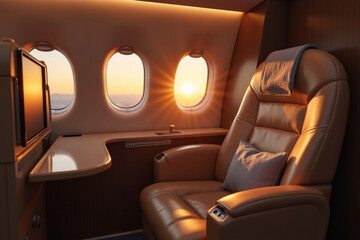 A first class area in a business jet with the sunset through a window. 3d rendering.