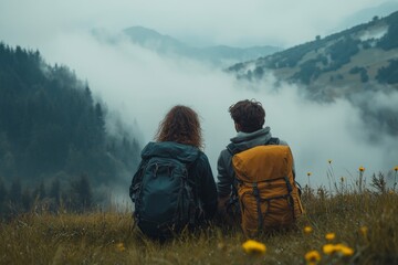Hiker couple resting after a hike, taking a break and enjoying the view while sharing a peaceful moment in nature, Generative AI