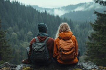 Hiker couple resting after a hike, taking a break and enjoying the view while sharing a peaceful moment in nature, Generative AI