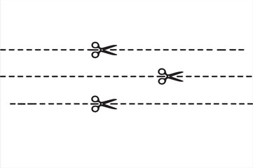 A clean black and white illustration showing multiple scissors on dotted lines, representing cut here lines for printable labels, coupons, or craft templates.