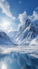 A breathtaking winter landscape of towering snow-capped mountains surrounded by ice, reflected on a frozen lake under a clear blue sky with white clouds, capturing serene beauty and icy tranquility