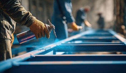 A close-up shot of a worker applying blue spray paint to a metal frame, with other workers in the background painting steel beams gray at an industrial construction site