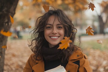 Smiling woman sitting at a park with a book and leaves falling around her, enjoying a peaceful moment of relaxation amidst nature, Generative AI