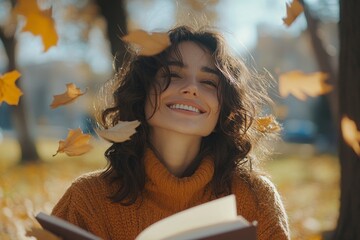 Smiling woman sitting at a park with a book and leaves falling around her, enjoying a peaceful moment of relaxation amidst nature, Generative AI