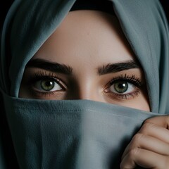 A woman's eyes are visible above a grey head covering, against a dark background.