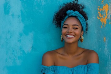 Self-confident young woman laughing while wearing blue ,   positivity and enjoying her self-expression, Generative AI