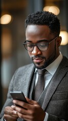 African executive using his cell phone while at the office, staying connected with colleagues and clients through technology, Generative AI