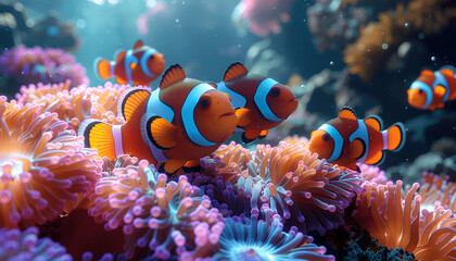 A group of vibrant clownfish swiming among colorful sea anemones in a tropical coral reef, captured in a realistic and detailed under water digital scene