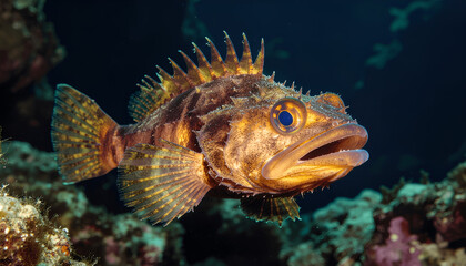 Obraz premium An Exotic spiny fish with golden hues and open mouth, floating in the deep near colorful rocks, AI- Generated under water macro life