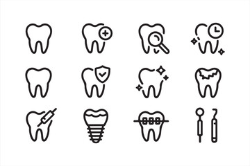 Dental Health and Hygiene Icon Set – Black Line Style Covering Implants, Braces, Protection and Tools