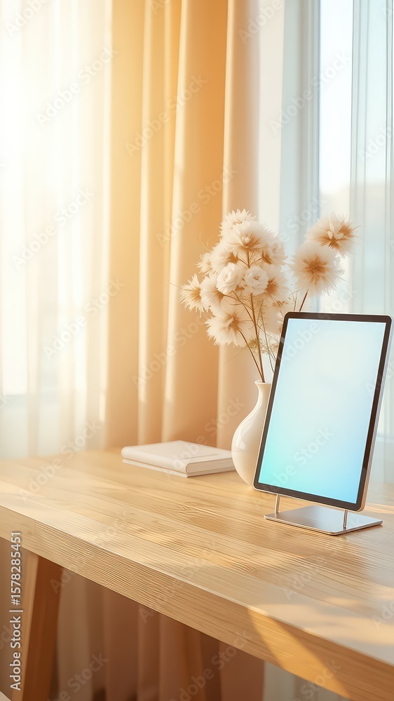 Poster tablet sitting on desk with flowers and book near window and curtains allows for customization and w
