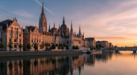 Obraz premium Budapest Parliament Building at Sunset Reflecting in the Danube River