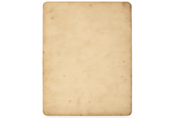 Weathered vintage paper sheet, rounded corners, stained surface offering clean copyspace against transparent backdrop