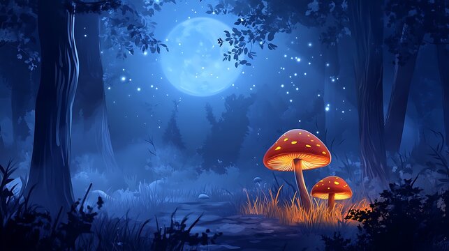 Glowing mushrooms moonlit forest