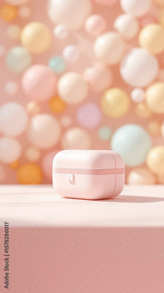 Poster soft pink storage container on a matching platform with pastel colored orbs floating in the backgrou