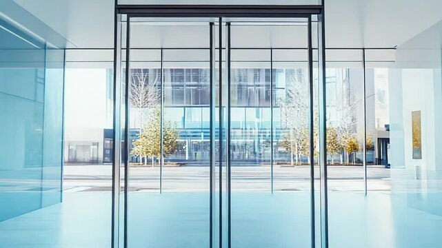 Empty modern office lobby with automatic sliding doors opening to city street
