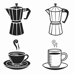 Black and white coffee makers and steaming cups espresso moka pot