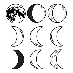 Black and white celestial bodies showing lunar phases moon phases crescent