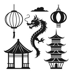 Black Chinese dragon pagoda lanterns and pavilion silhouettes vector