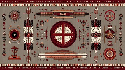 Geometric rug with patterns of circles, feathers, & arrows in red, white, and grey
