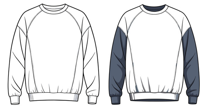 Men's long sleeve raglan sleeve sweatshirt fashion flat sketch design, technical drawing of classic crew neck casual pullover with ribbed cuffs and hem, front and back view.