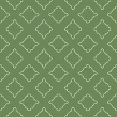 Repeating Geometric Shape Motif in Olive Green Background Motif. Decorative repeat seamless pattern outline ethnic shapes on green fabric batik textile.