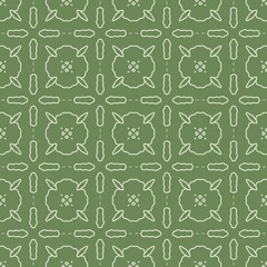 Geometric Floral Repeat Design. Floral center tile surrounded by organic shapes motif. Vintage floral batik garden pattern on earthy green background fabric textile.