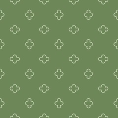 Small organic clover shapes in neat layout seamless pattern. Olive green minimalist outline shape batik fabric textile motif.