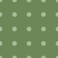 Minimalistic seamless pattern featuring small floral emblems evenly spaced on an olive green backdrop. Dainty floral shapes resembling tiny sunbursts repeat gracefully across a soft green canvas. 