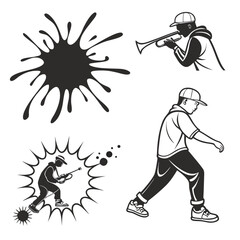 Black ink splash and musicians playing trumpet graffiti jazz