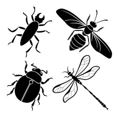 Black insect silhouettes beetle wasp dragonfly ant vector