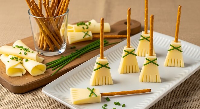 Creative halloween witch broom snacks made from cheese sticks and pretzel rods