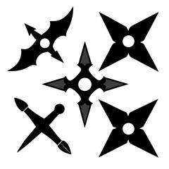 Black ninja stars and throwing weapons silhouettes shuriken martial arts