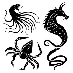 Black sea creatures stylized silhouettes mythical beasts sea monster kraken