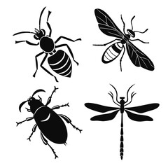 Black silhouette insects ant wasp beetle dragonfly vector